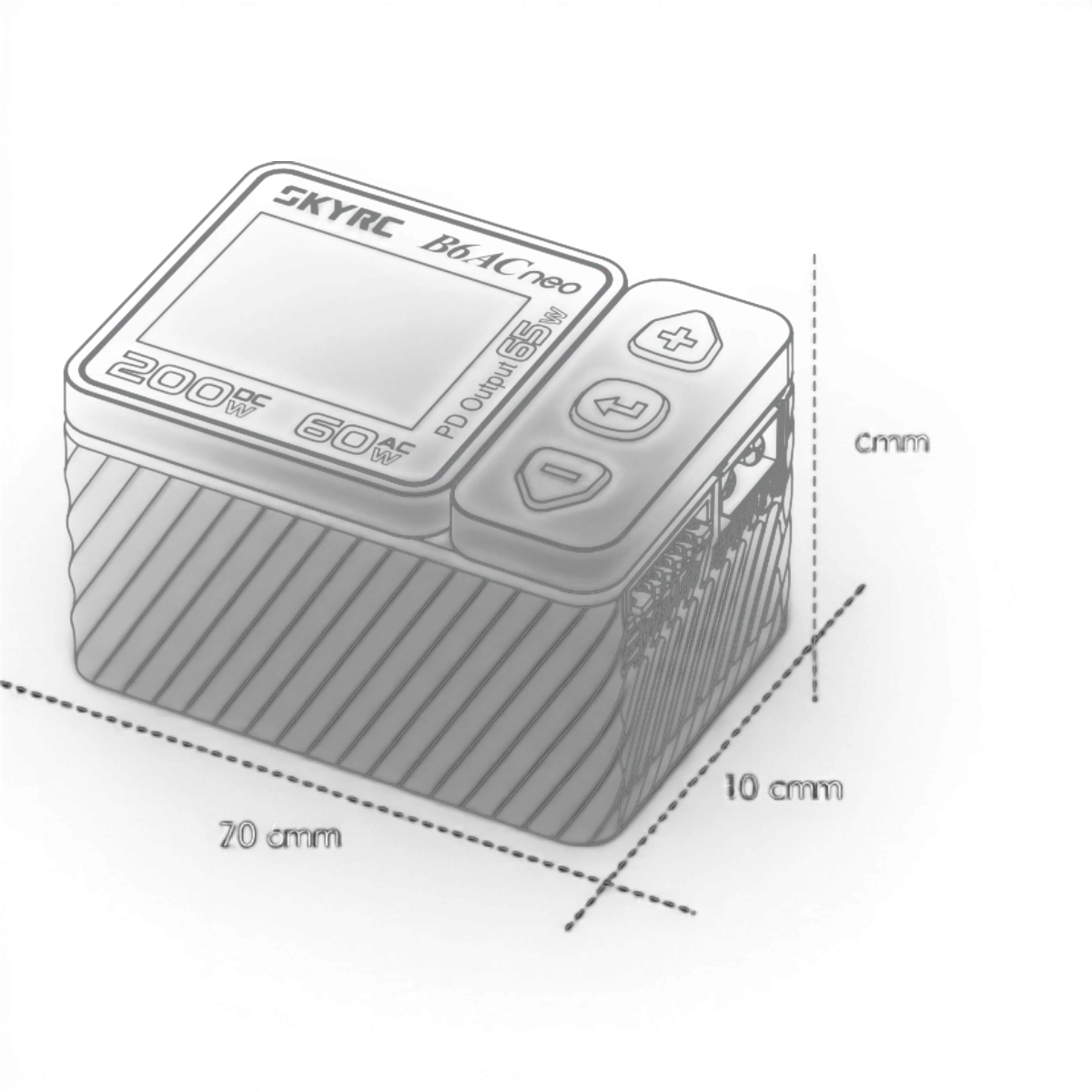 Chargeur électrique SkyRc B6AC Neo AC 200W ultra compact, pour batteries RC, visible avec câbles et affichage digital.