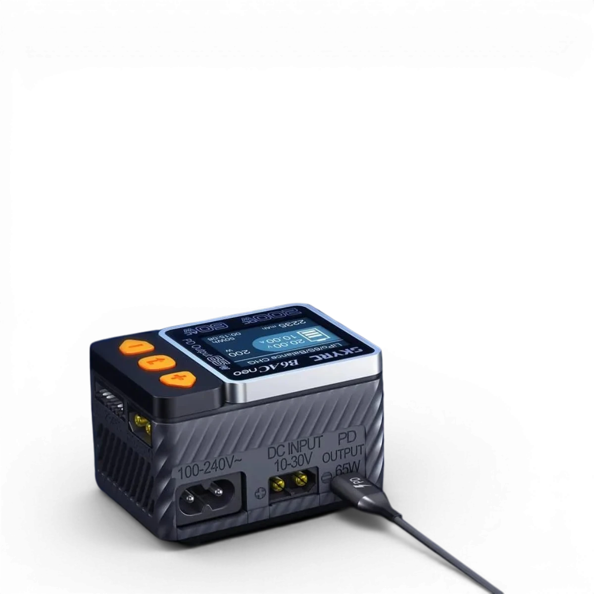 Chargeur électronique SkyRc B6AC Neo AC 200W ultra compact, pour batteries RC, montré avec ses ports et câbles.