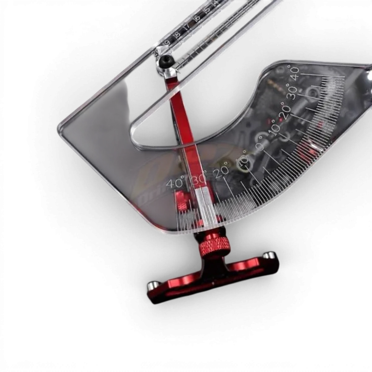 Banc de réglage rouge pour voiture radio commandée 1/10, marque Yeah Racing, avec supports et réglages précis.