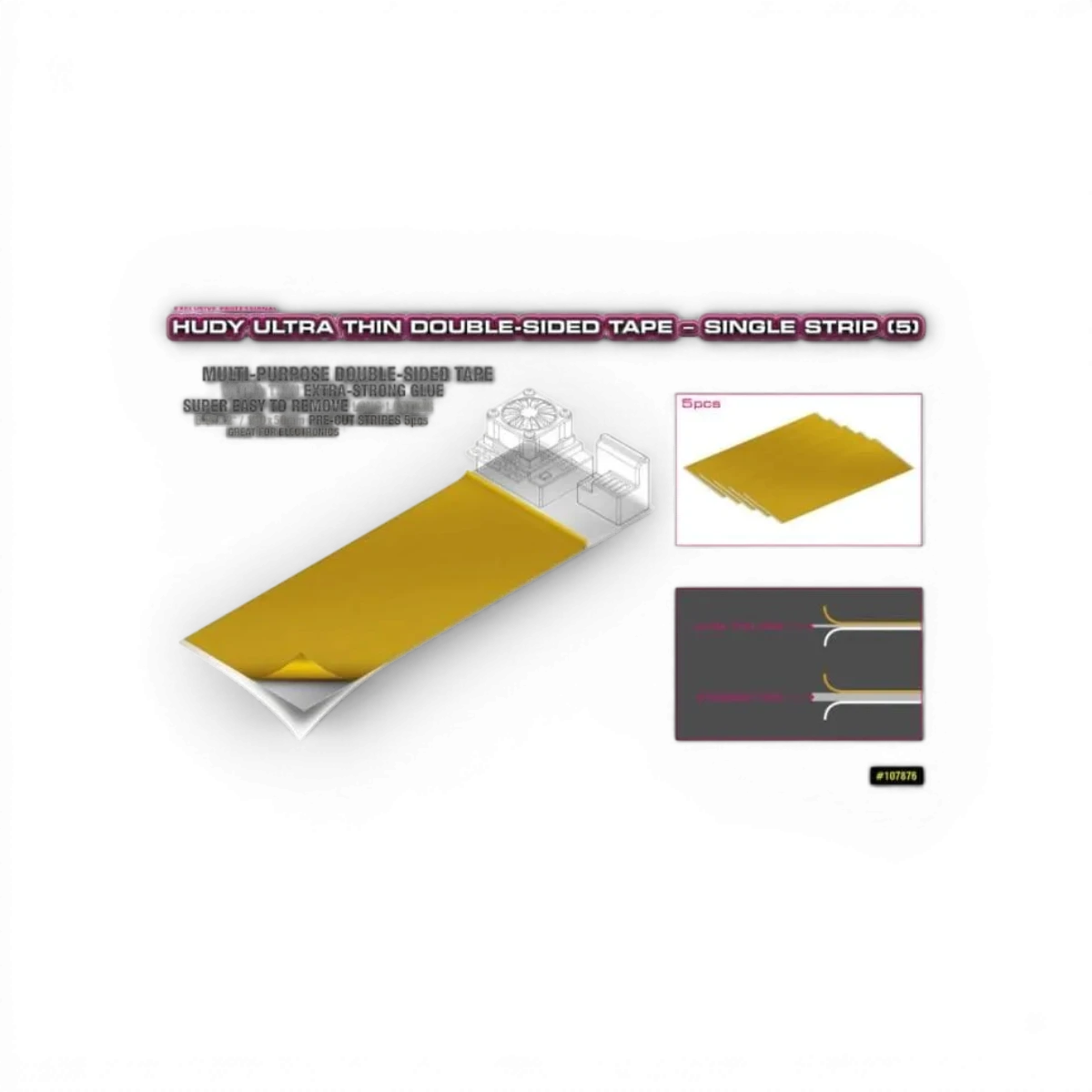 Bandes de double-face ultra-fines Hudy, produit chimie, pour collage précis et invisible, visibles en gros plan sur fond blanc.
