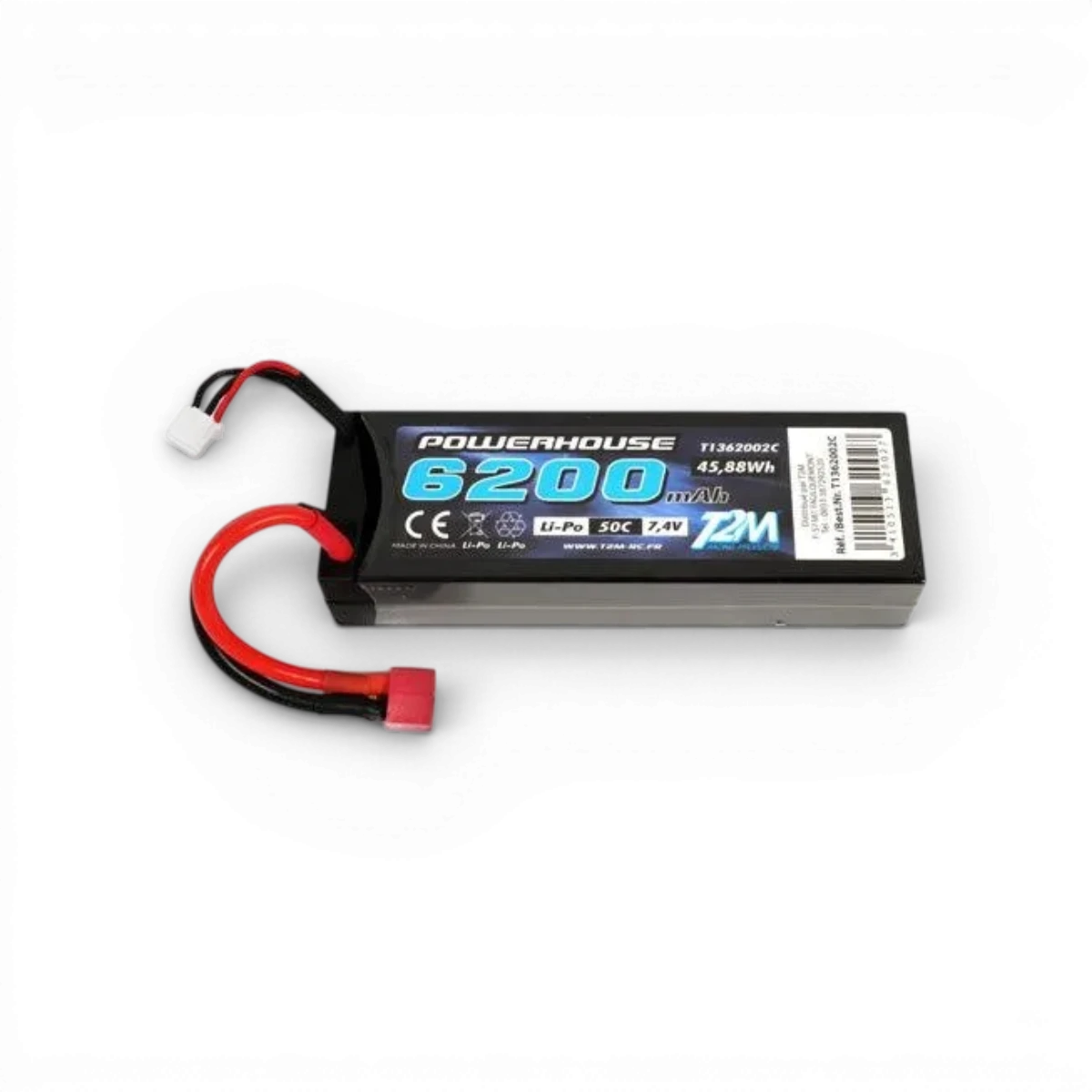Batterie LiPo 2S 7,4V 6200mAh 50C de la marque t2m, vue de face avec connecteurs visibles, pour électronique RC