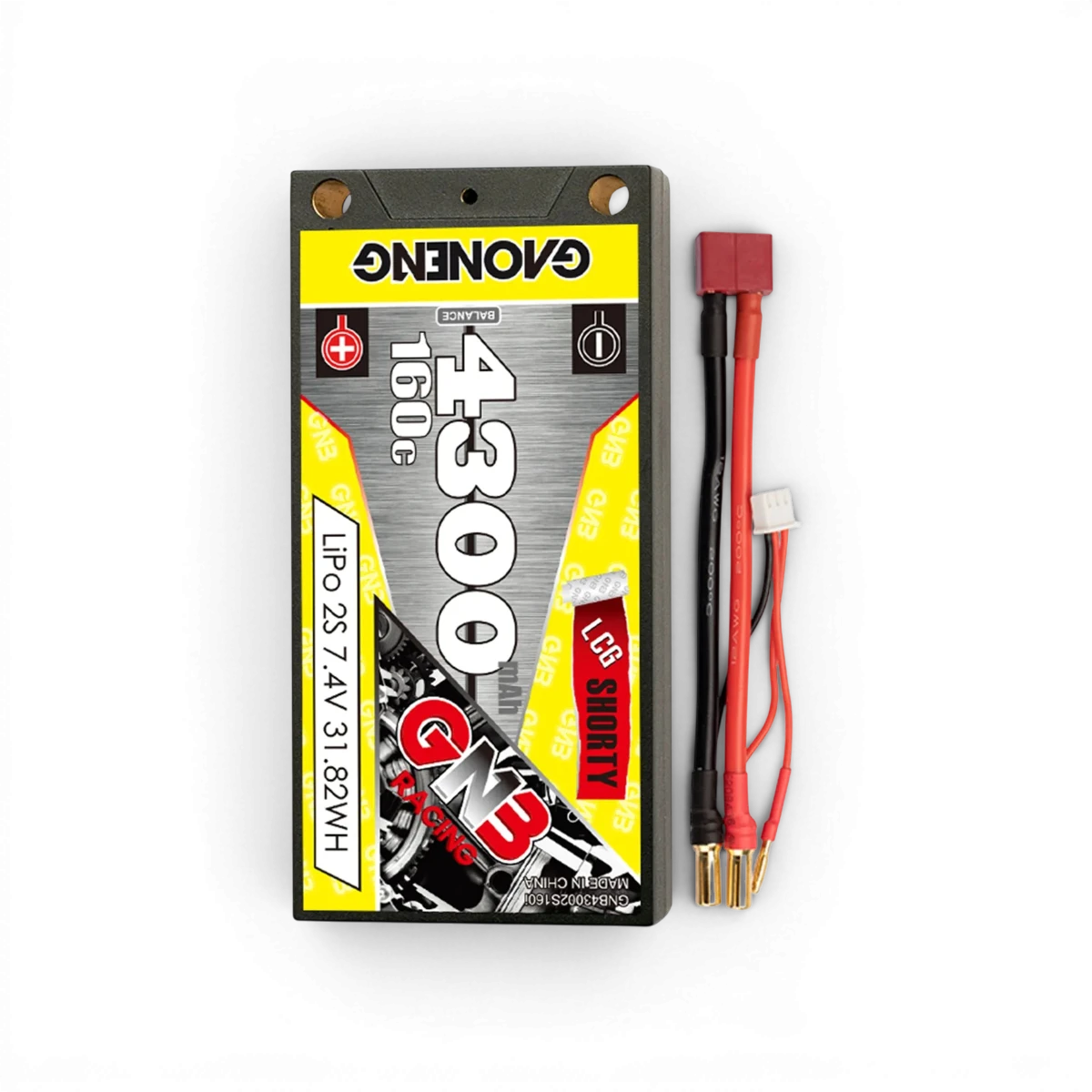 Batterie Lipo Gaoneng 7.4V 4300mAh 160C, modèle LCG court, pour appareils électroniques, visible en gros plan.