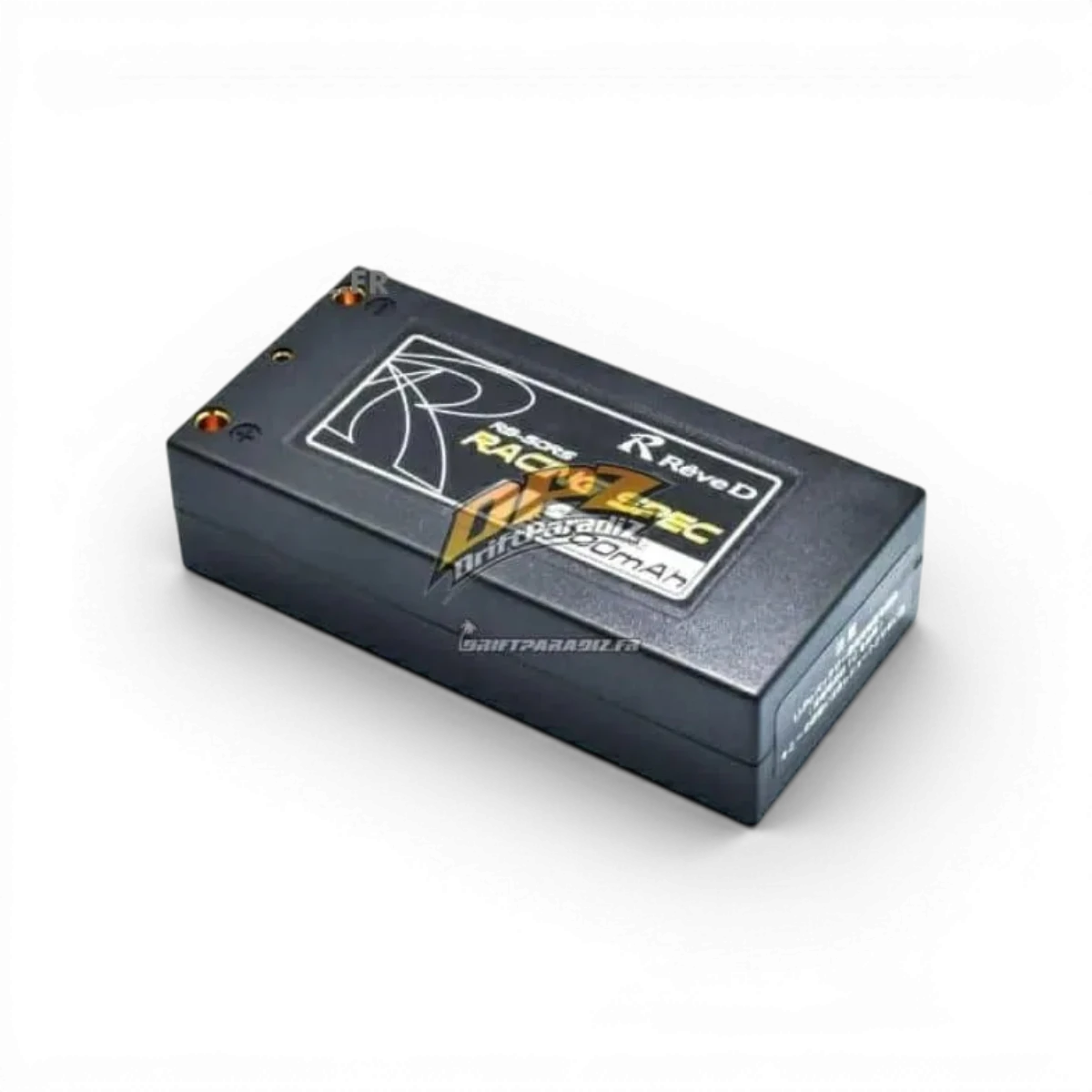 Batterie Lipo 7.4V shorty 5000mAh 100C de Team Reve D pour électronique, vue de face avec connecteurs visibles.