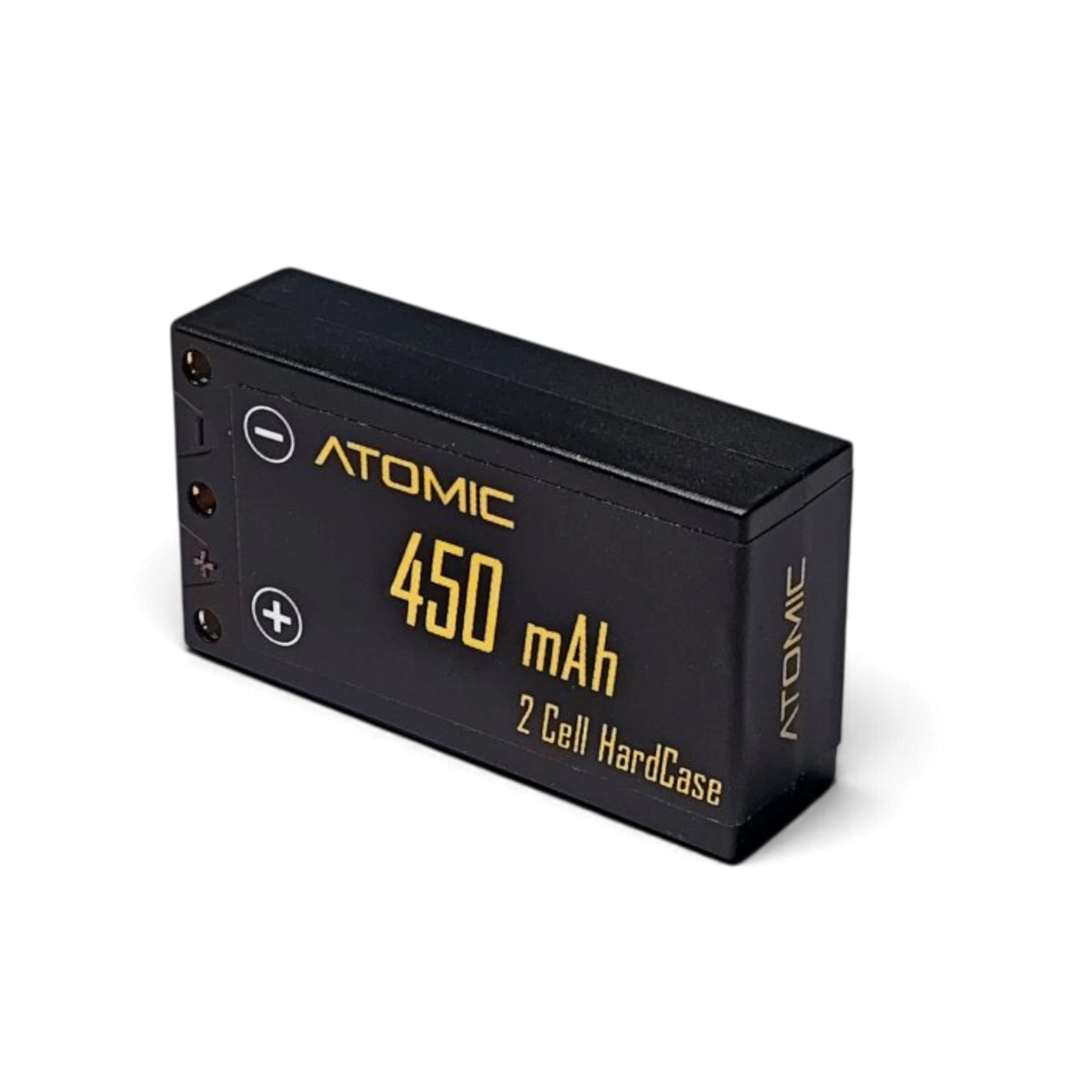 Batterie LiPo HV Hard Case 2S 450mAh de la marque Atomic RC Mini, vue de face dans un boîtier rigide pour électronique.