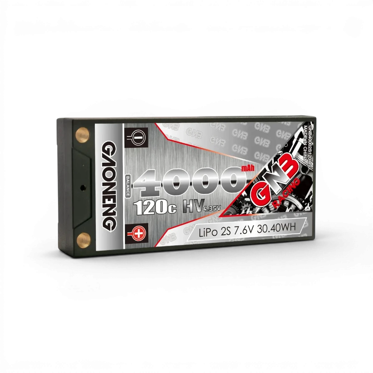 Batterie Lipo LiHV 7,6V 4000mAh 120C Gaoneng pour électronique, format court, vue de face.