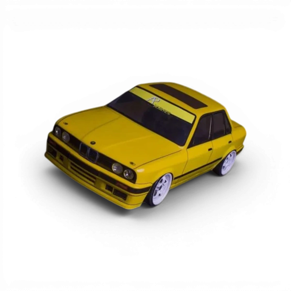 Carrosserie BMW E30 Sedán pour RC, fabriquée par Aplastics RC, visible en détail dans cette image.