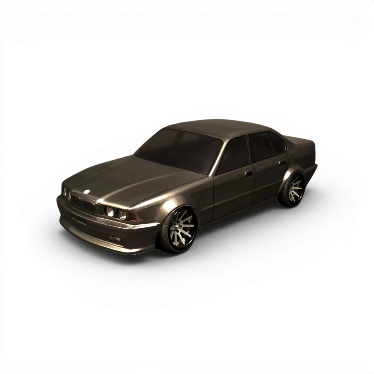 Carrosserie de voiture BMW E34 Sedan par Aplastics RC, vue de profil avec détails de la carrosserie en plastique.