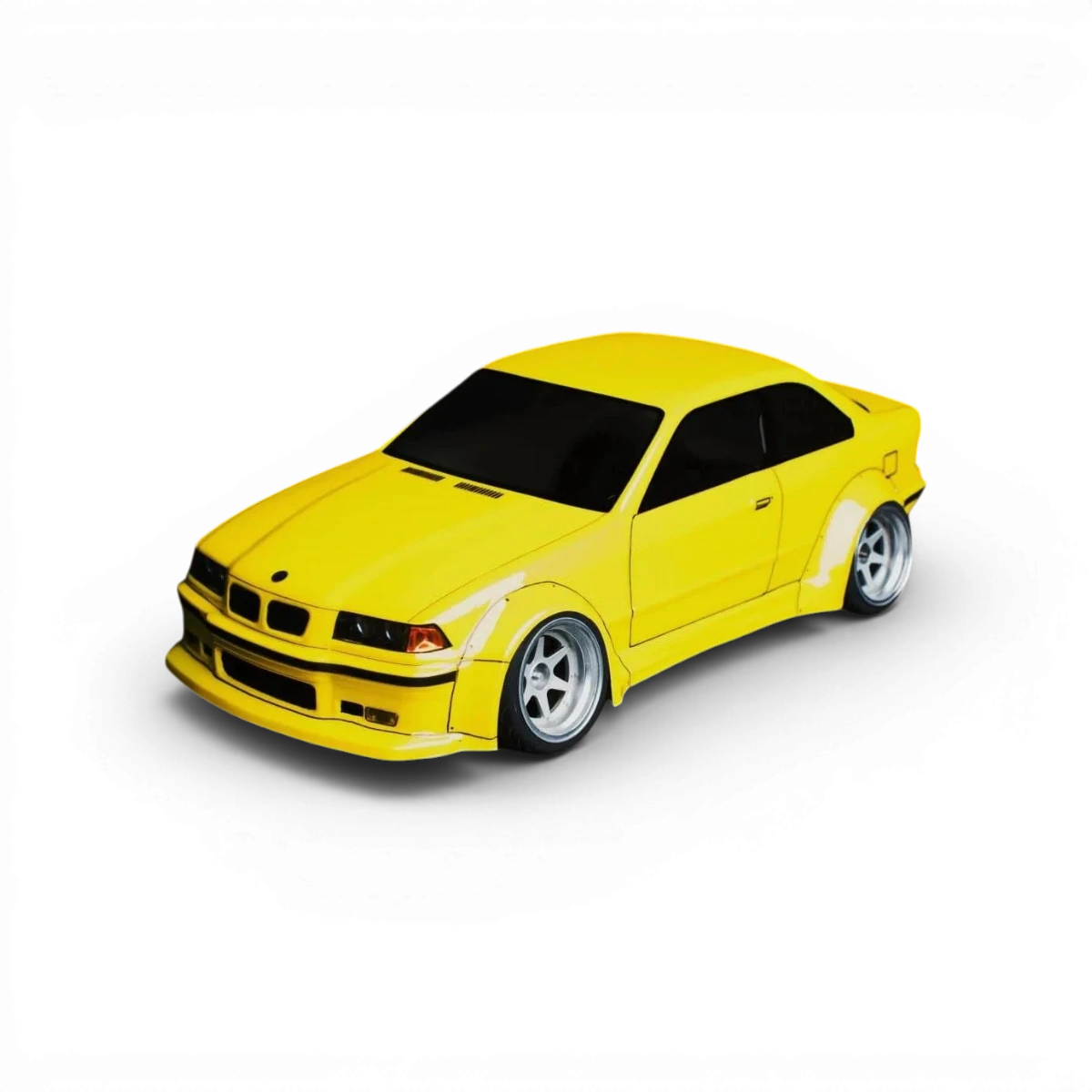 Carrosserie BMW E36 coupé en plastique pour modèle RC, fabriquée par Aplastics RC, vue de face avec détails du véhicule.