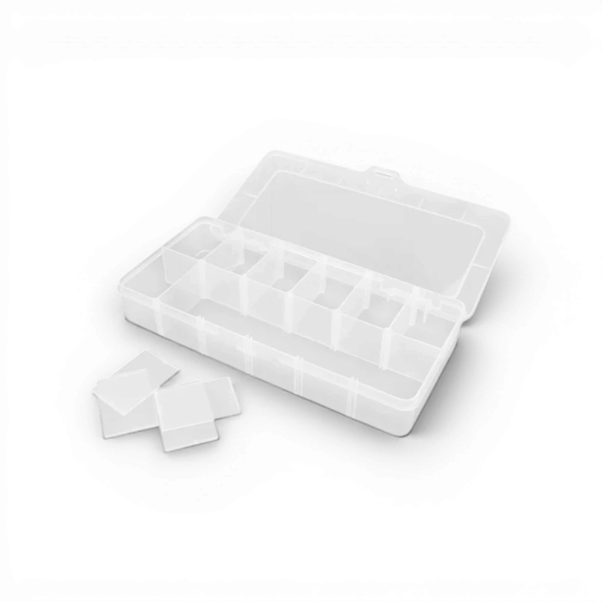 Boîte Robitronic avec 12 compartiments variables de 260x125x43,5 mm pour accessoires, en plastique robuste et pratique.