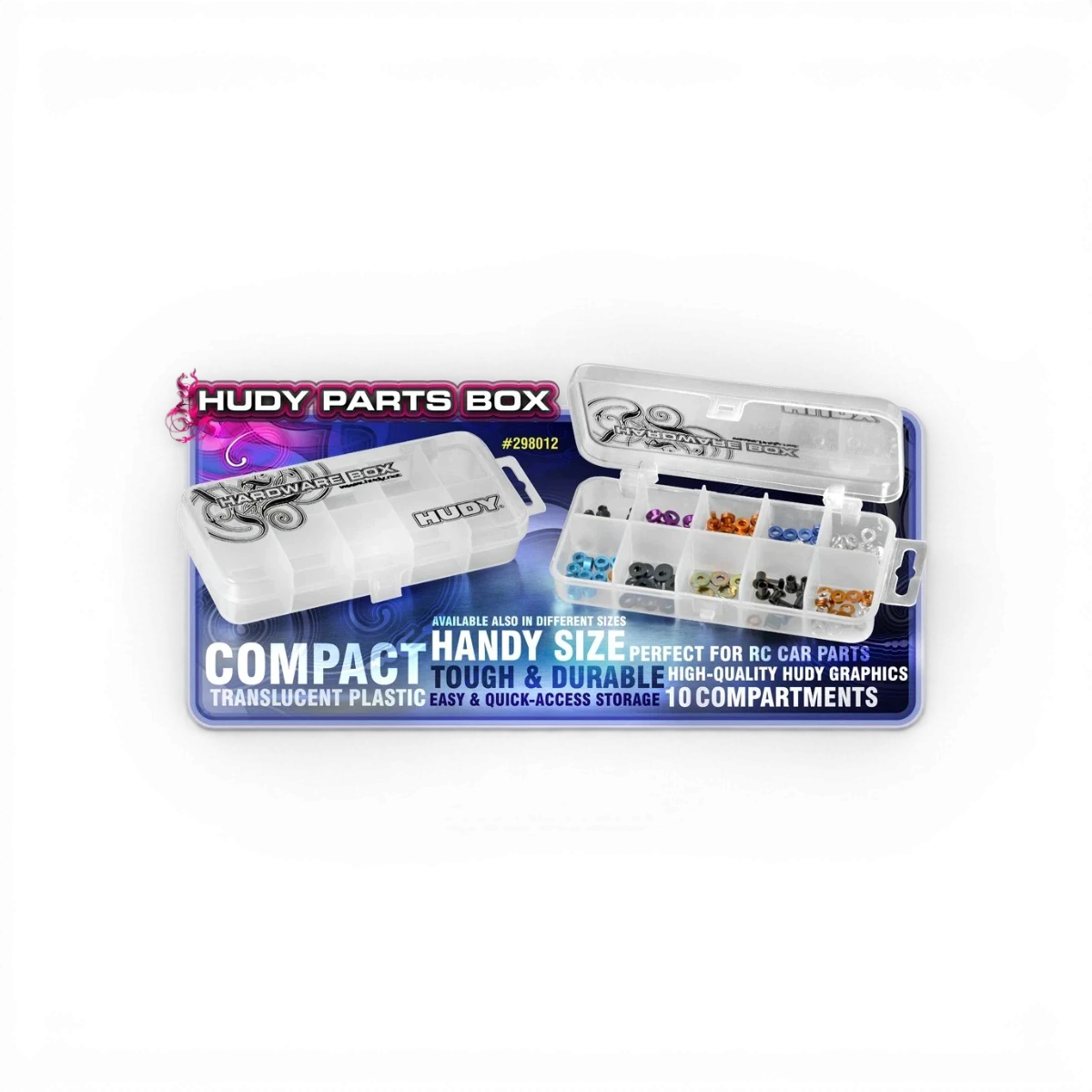 Boîte de rangement Hudy avec 10 compartiments larges pour organiser accessoires, vue en gros plan.