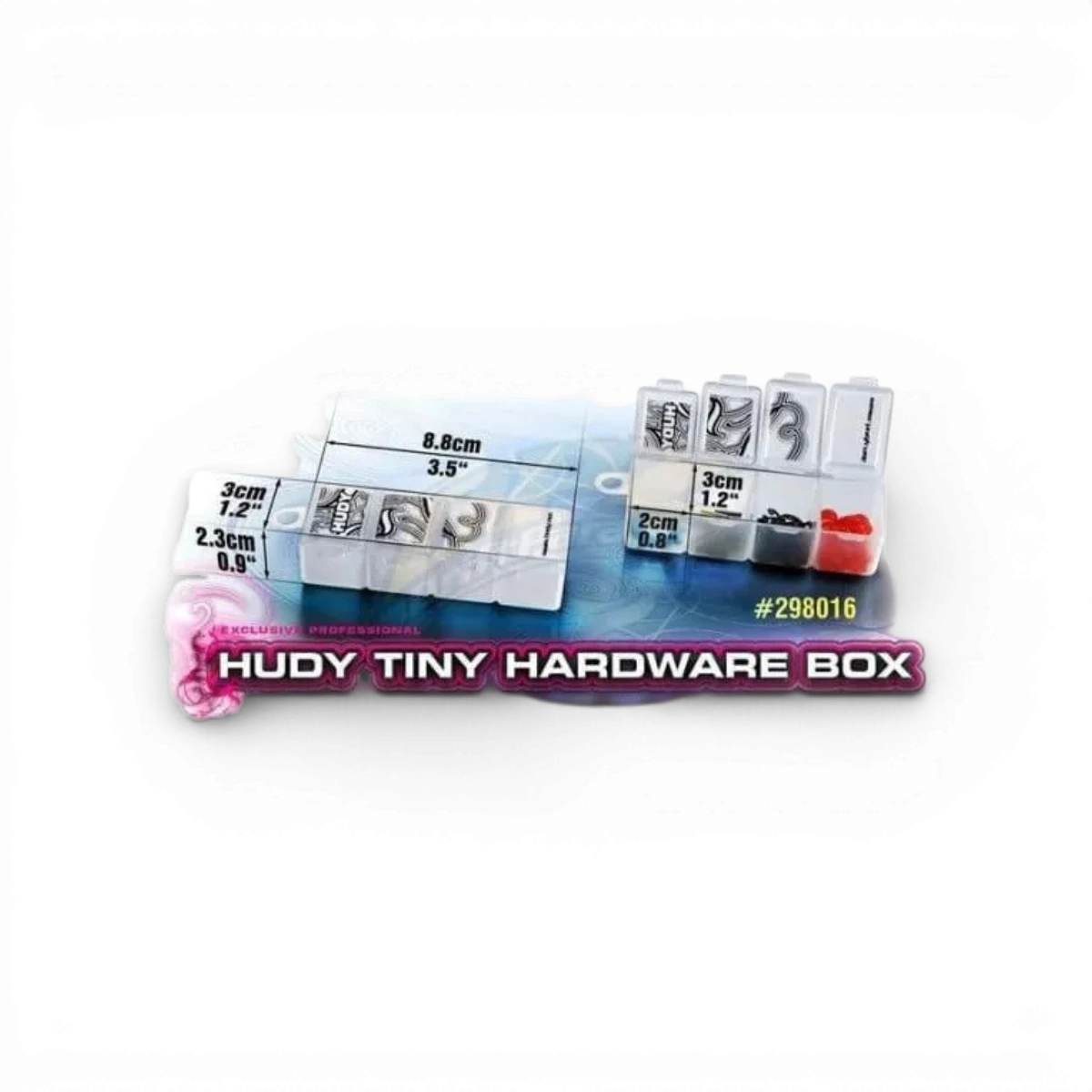 Boîte de rangement Hudy à 4 compartiments petite pour organisation d'accessoires, en plastique robuste et compacte.