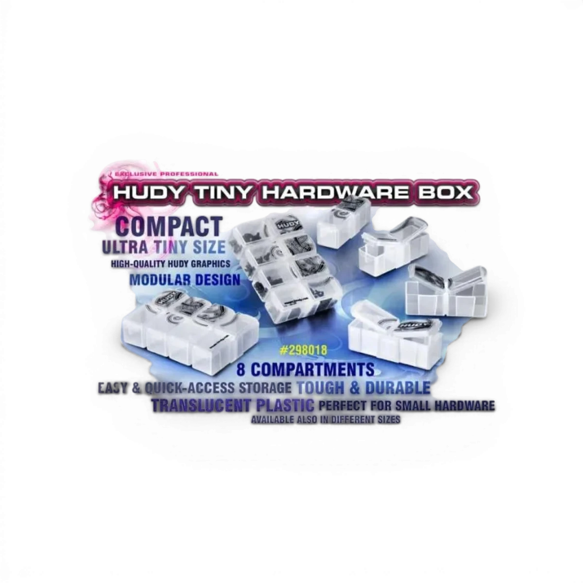 Boîte de rangement Hudy avec 8 compartiments petits pour accessoires, en plastique durable, vue de dessus colorée.