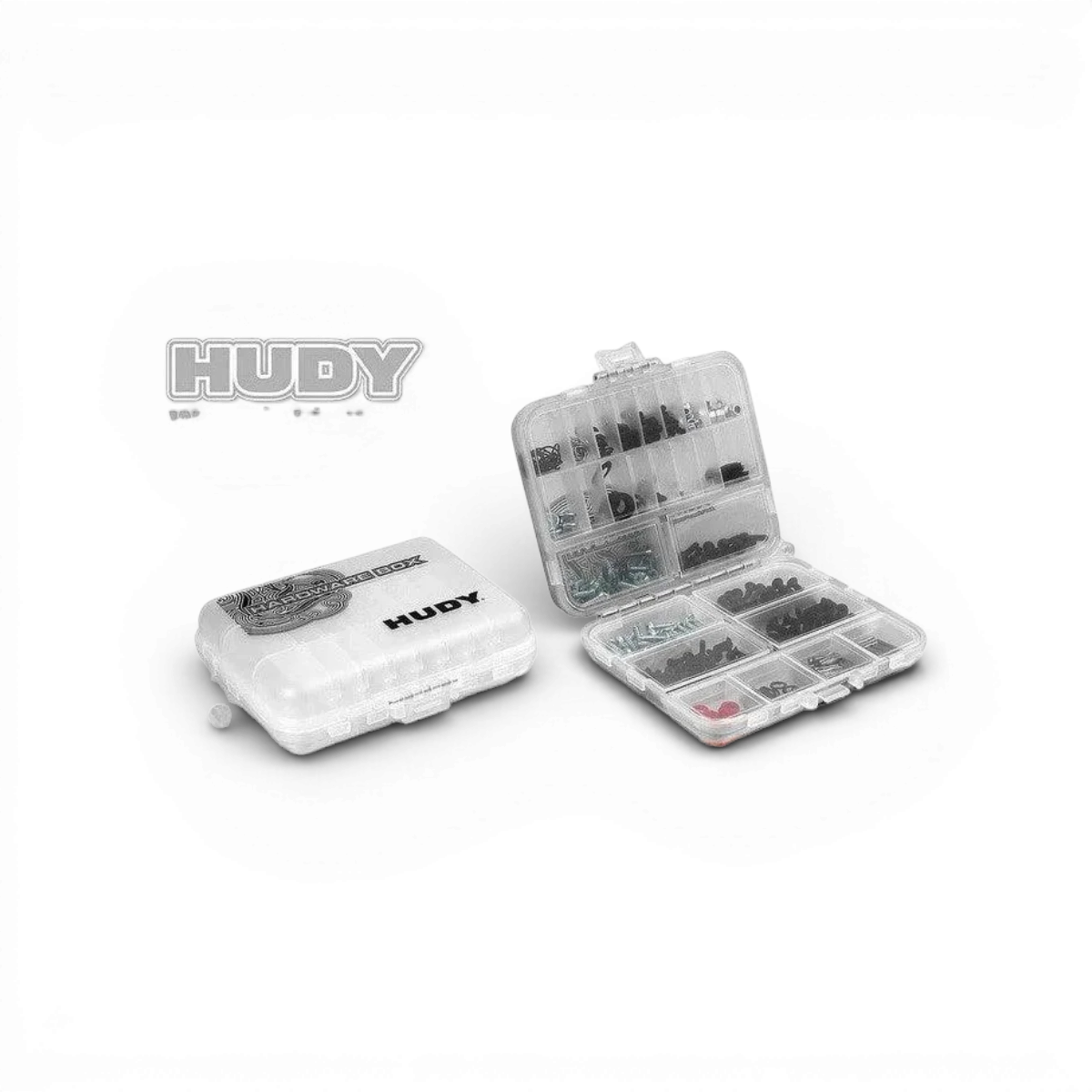 Boîte de rangement double face petite Hudy en plastique avec compartiments pour organisation efficace.