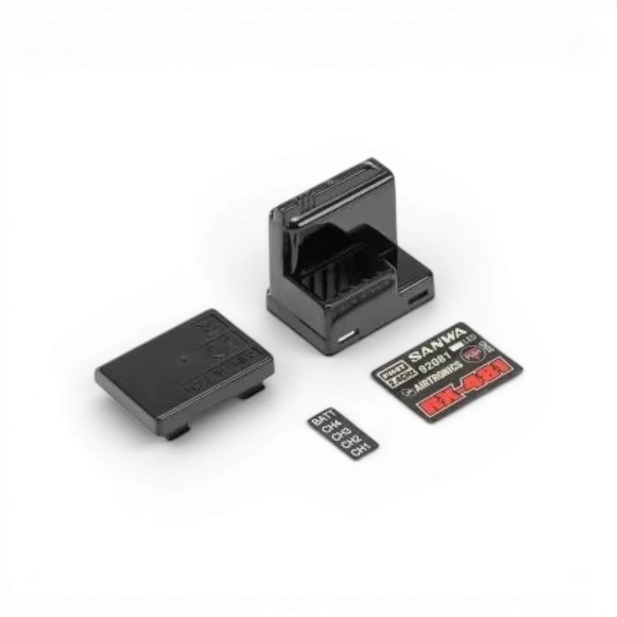 Boîtier de remplacement pour récepteur RX-481 Sanwa, électronique, vue de face avec câbles et connecteurs visibles.