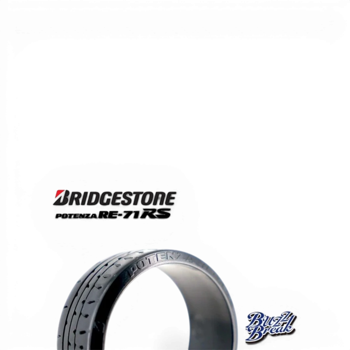 Roues de pneus RC Bridgestone Potenza RE-71RS 26mm haute performance, avec logo BuzzBreak visible.