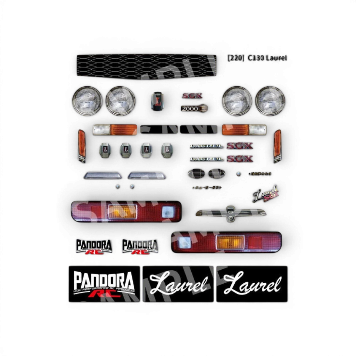 Carrosserie Pandora RC C130 Laurel Butaketsu, finition détaillée, pour voiture télécommandée, vue de face avec logo.