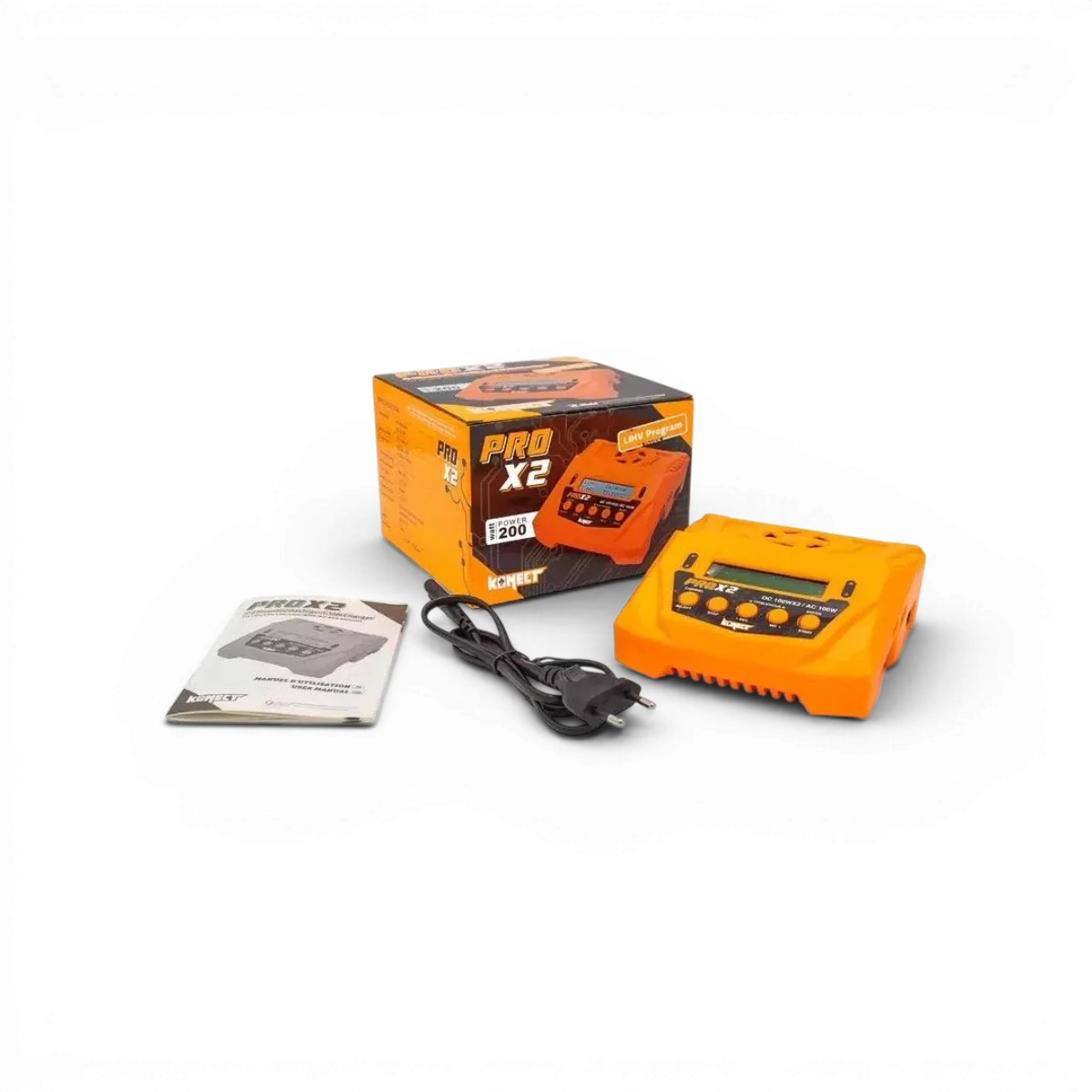 Chargeur électronique Konect 200W PRO X2 avec 2 sorties de 100W, affichant les ports et le design du chargeur.