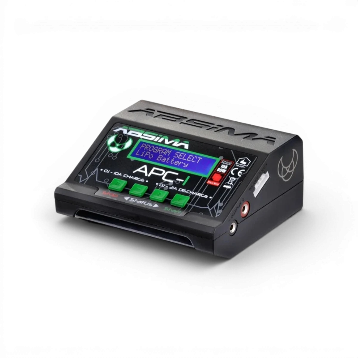 Chargeur électronique Absima APC-1 avec câbles et connecteurs visibles sur fond neutre.