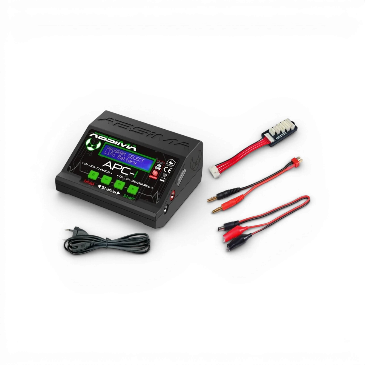Chargeur APC-1 de la marque Absima, appareil électronique compact avec câbles et connecteurs visibles.