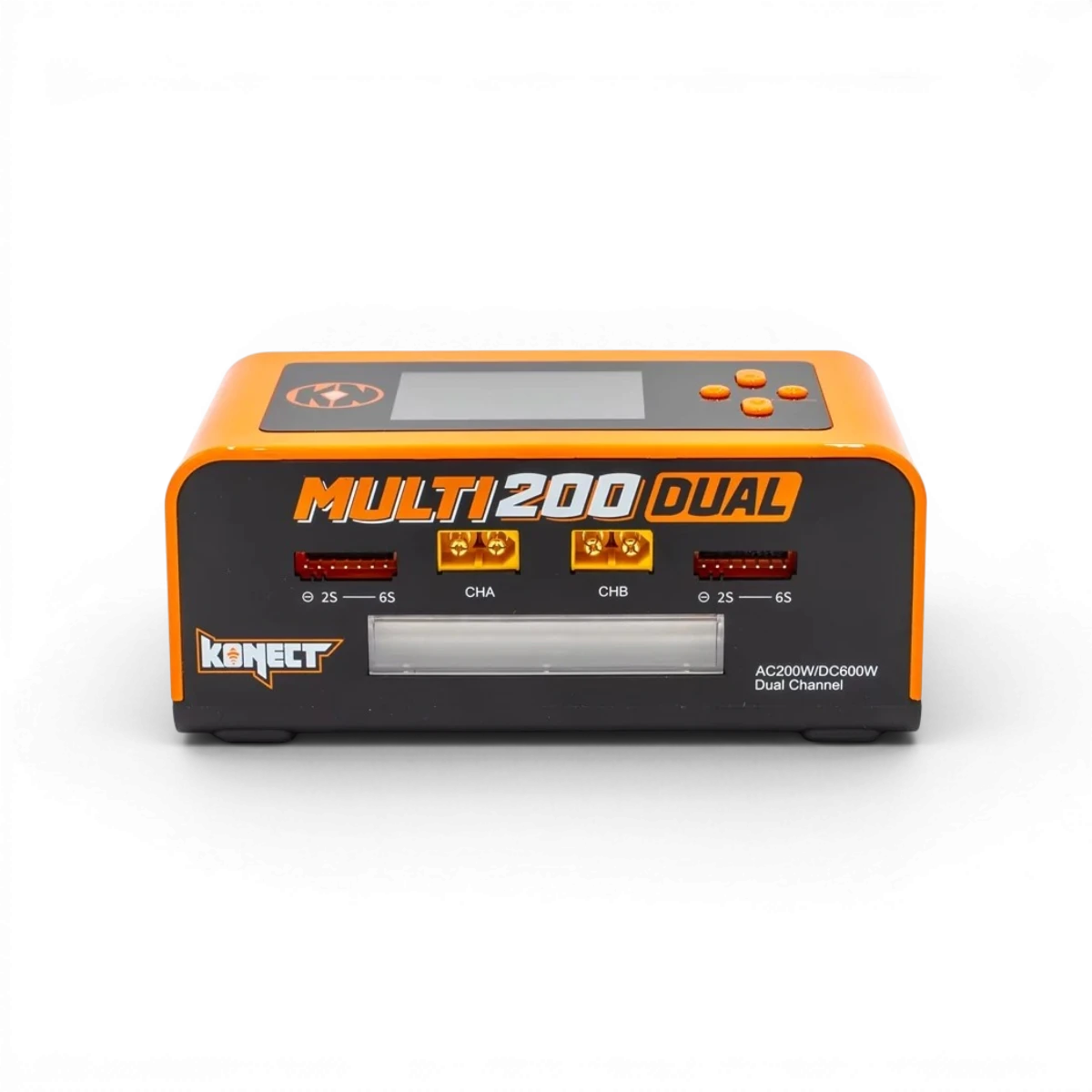 Chargeur dual AC/DC 200W Konect avec fonctions de charge, décharge et équilibrage pour appareils électroniques.