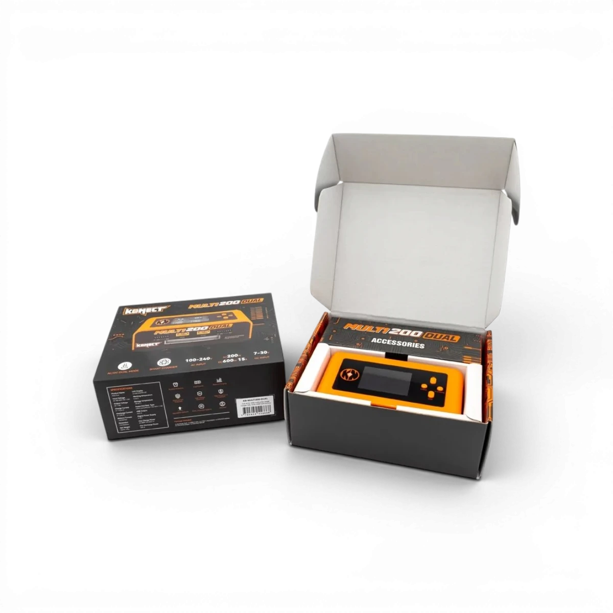 Chargeur dual AC/DC 200W Konect pour charge et décharge, équilibrage de batteries, électronique multi-fonctions.