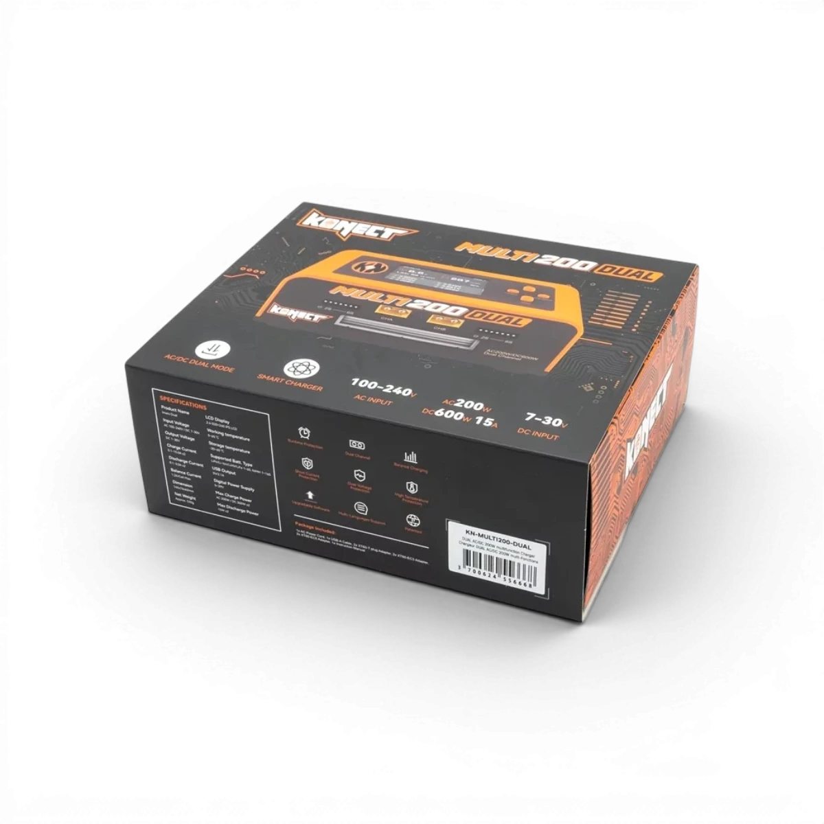 Chargeur dual AC/DC 200W Konect avec fonctions de charge, décharge et équilibrage pour appareils électroniques.