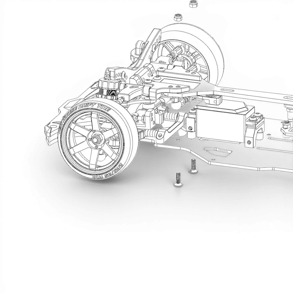 Châssis de conversion compétition GS2EVO SHIBATA, pièce détachée pour voiture de course, en acier noir avec détails techniques visibles.