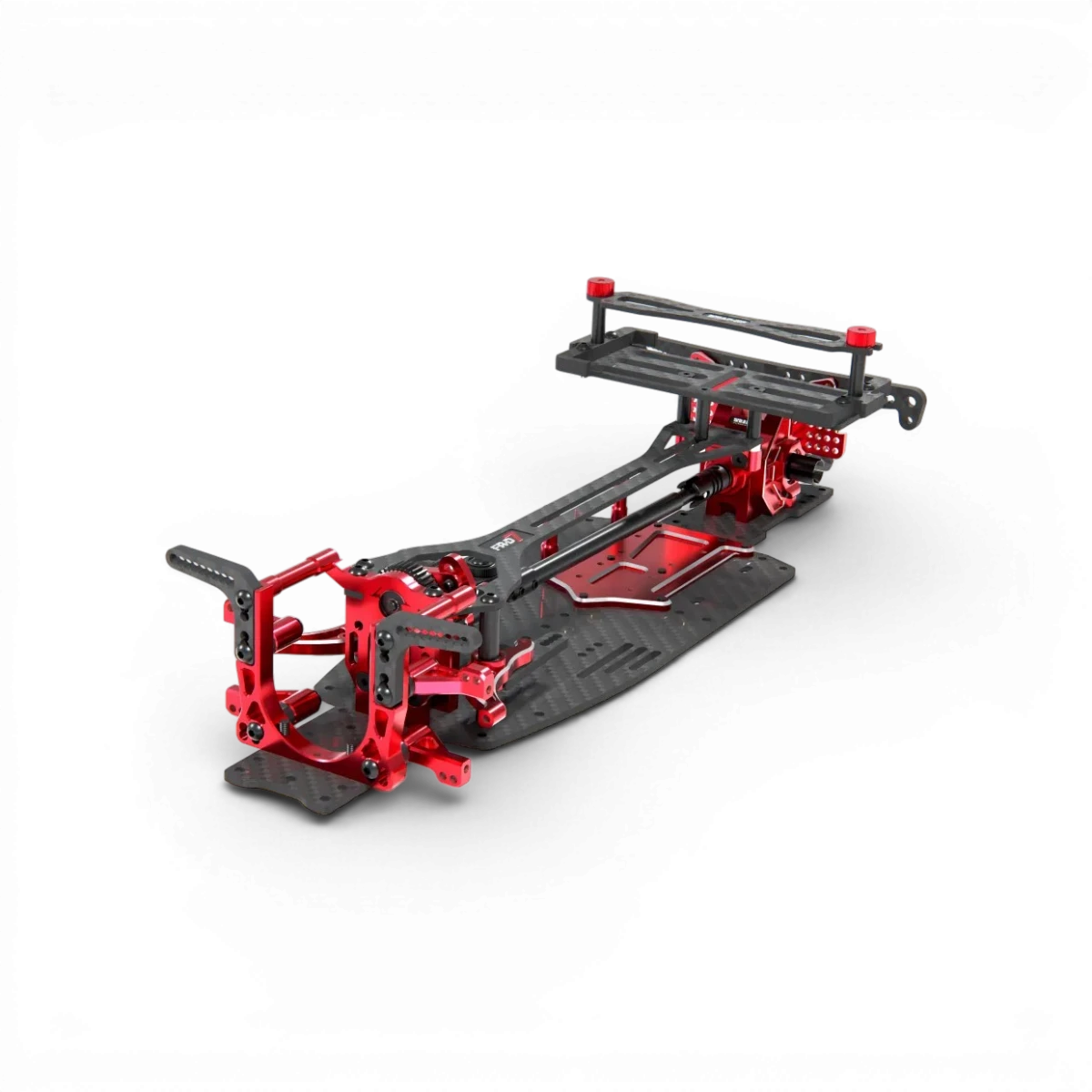 Châssis drift FR layout Core Kit FR-D7 de Wrap-UP Next, structure en carbone pour voiture RC de drift, vue de face.