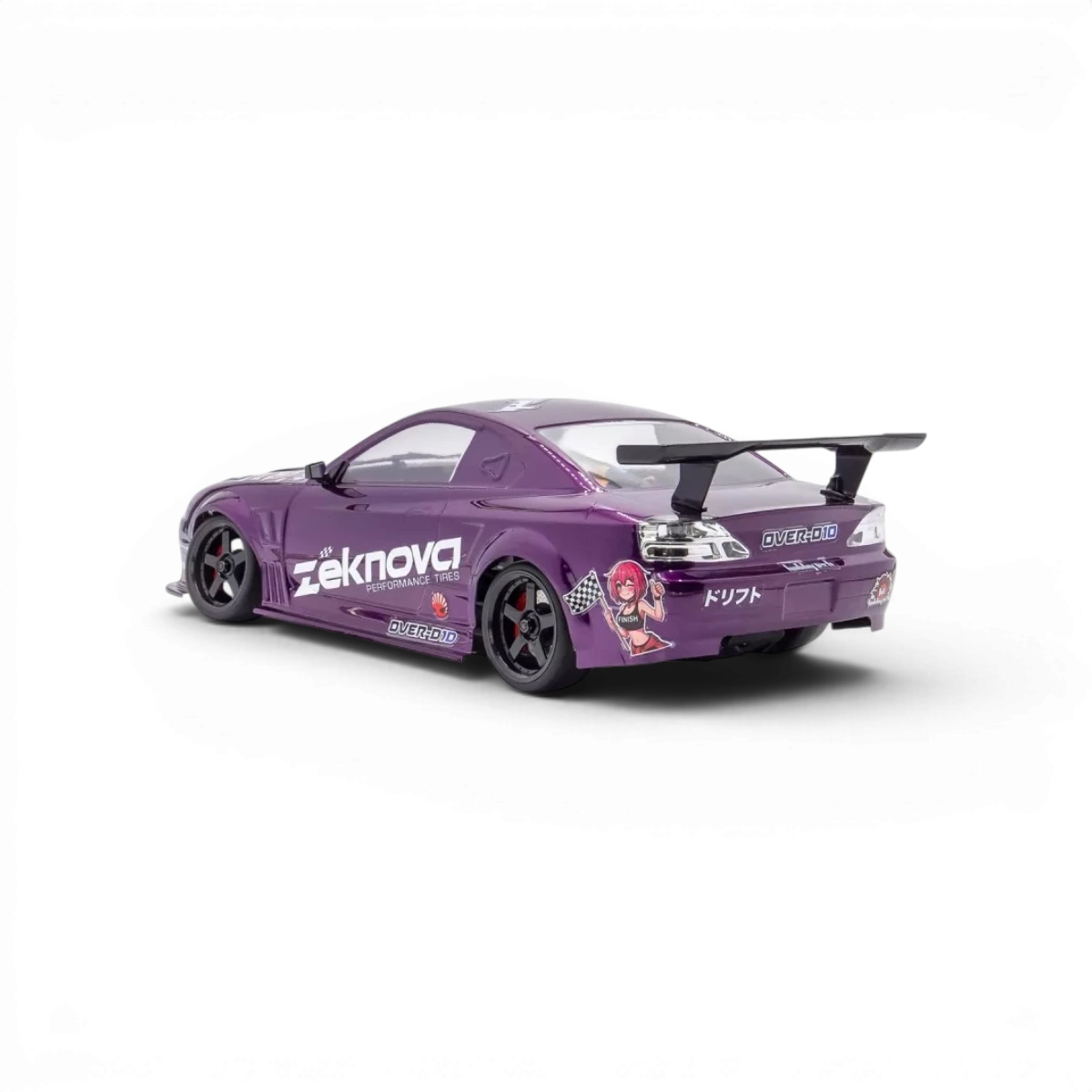 Châssis RC drift HOBBYTECH OVER-D10 RTR Brushless RWD, vue de face montrant la structure en plastique noir et composants électroniques