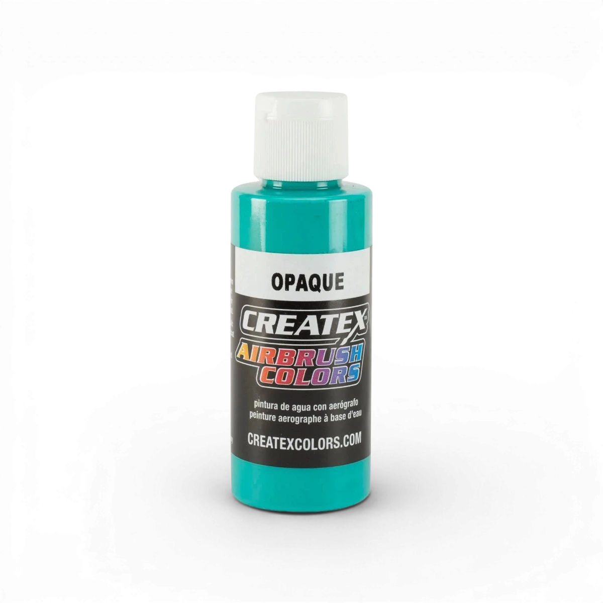 Tube de peinture opaque classique aqua Createx Colors, couleur bleue intense, avec bouchon blanc et étiquette visible.