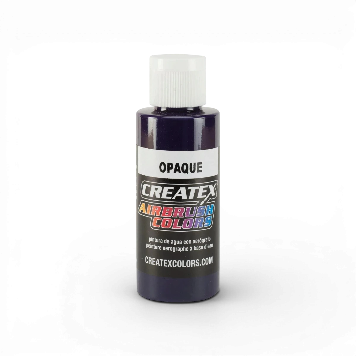 Peinture classique opaque violette de la marque Createx Colors, tube de peinture avec couvercle noir et étiquette colorée.