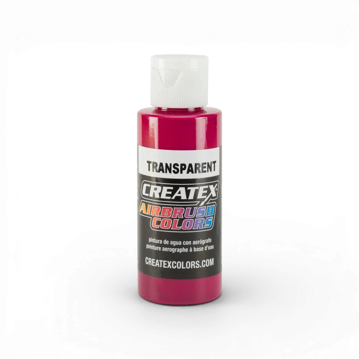 Aquarelle transparente fuchsia Createx Colors, tube de peinture classique, vue en gros plan sur l'emballage et la couleur vif