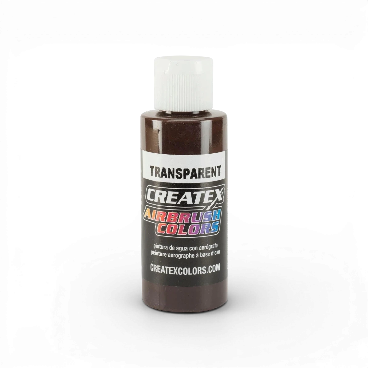 Colorant transparent marron foncé de la marque Createx Colors, visible dans un flacon avec étiquette.