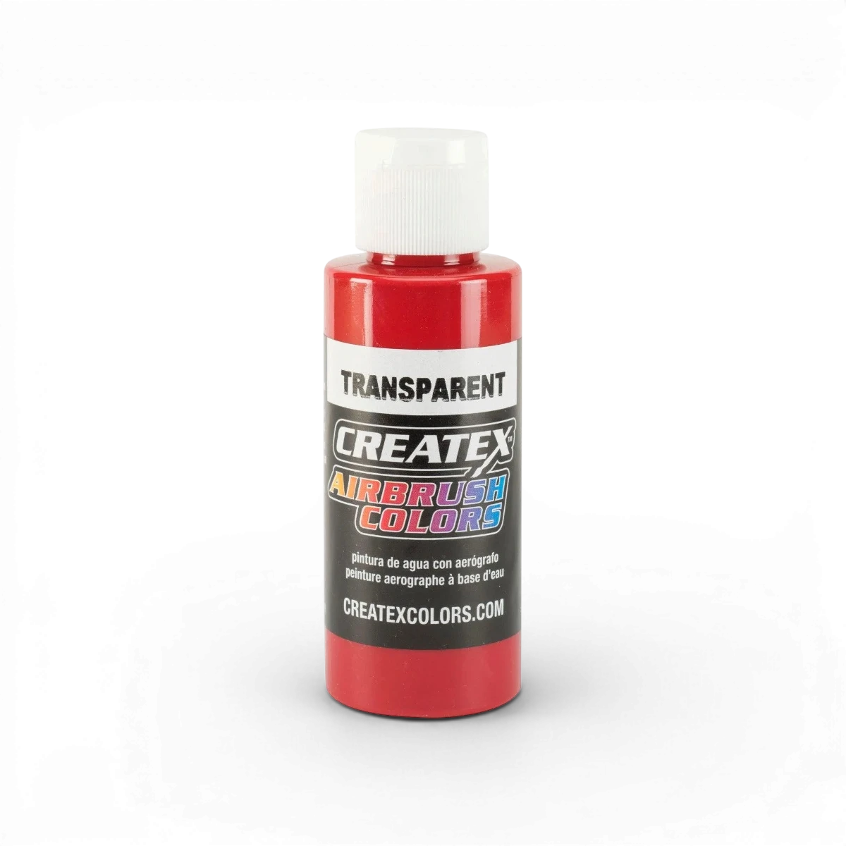 Peinture transparente rouge brillant Createx Colors, avec fini clair et brillant, dans un flacon.