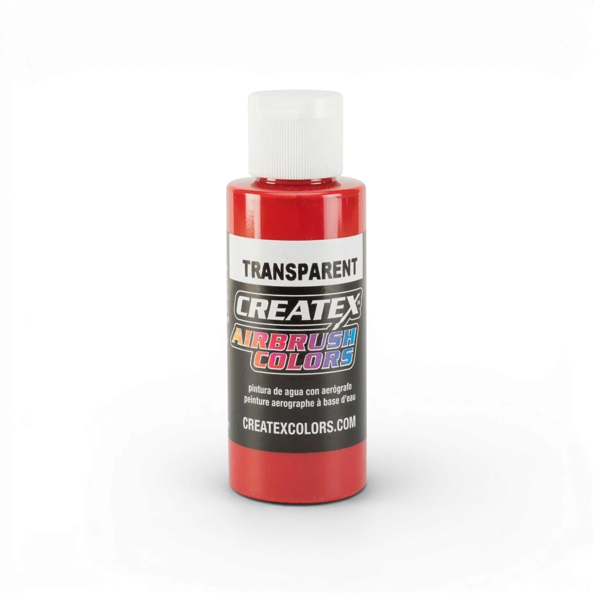 Aquarelle transparente rouge Crimson de la marque Createx Colors, bouteille de peinture avec étiquette visible.