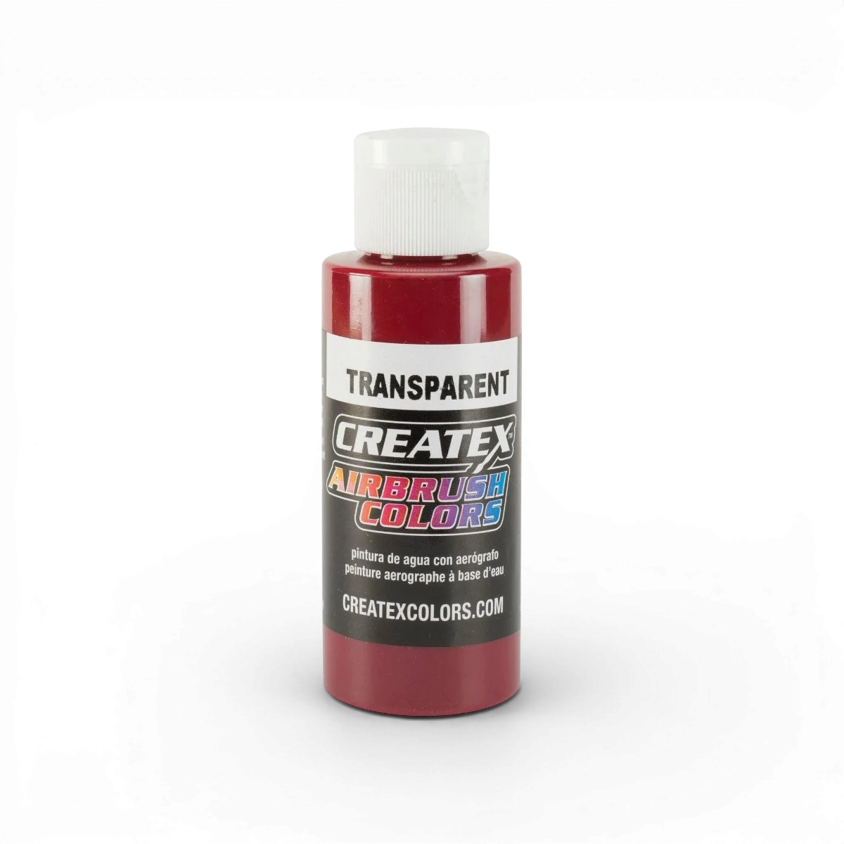 Peinture transparente rouge profond de Createx Colors, flacon classique avec liquide rouge foncé visible.