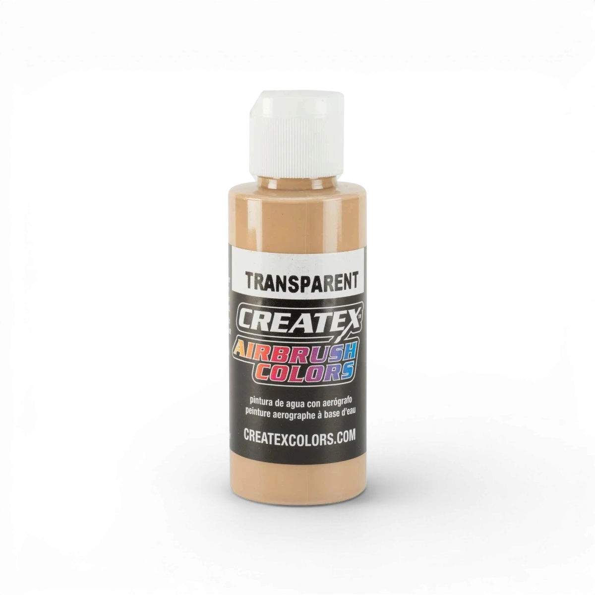 Peinture transparente classique sable de Createx Colors, flacon de couleur en verre avec étiquette, vue de face.