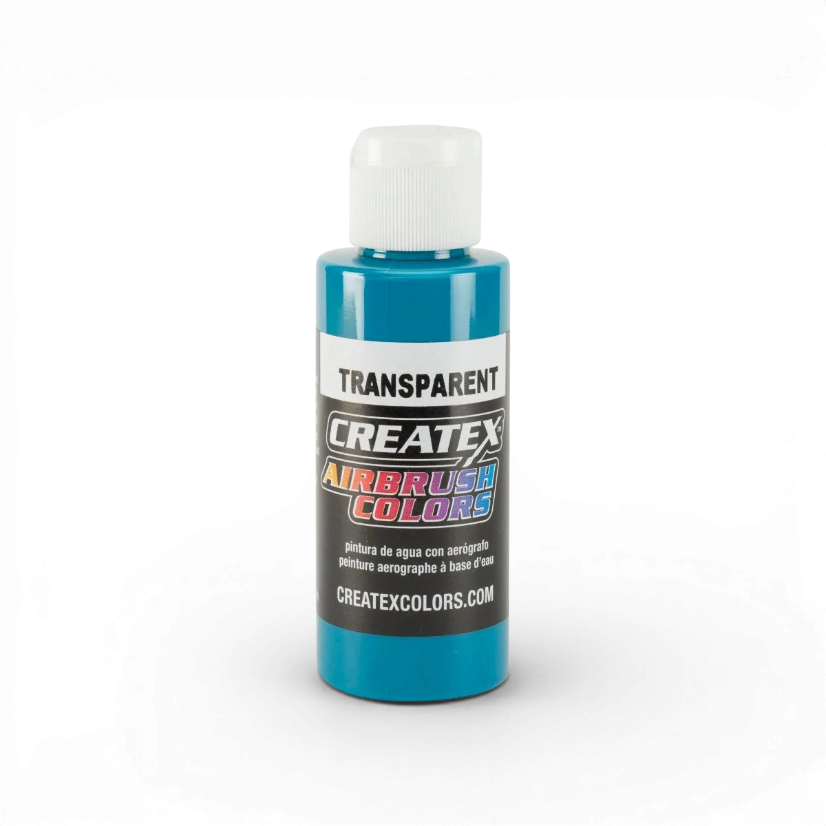 Peinture acrylique transparente turquoise Createx Colors, flacon avec bouchon, vue de face.