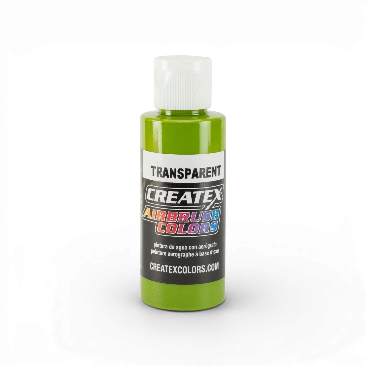 Peinture transparente classique vert feuille de Createx Colors, visible en tube avec étiquette colorée.