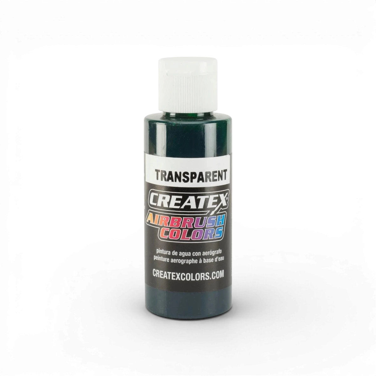 Peinture transparente verte forêt Createx Colors, bouteille classique en verre avec liquide vert foncé, vue de face.