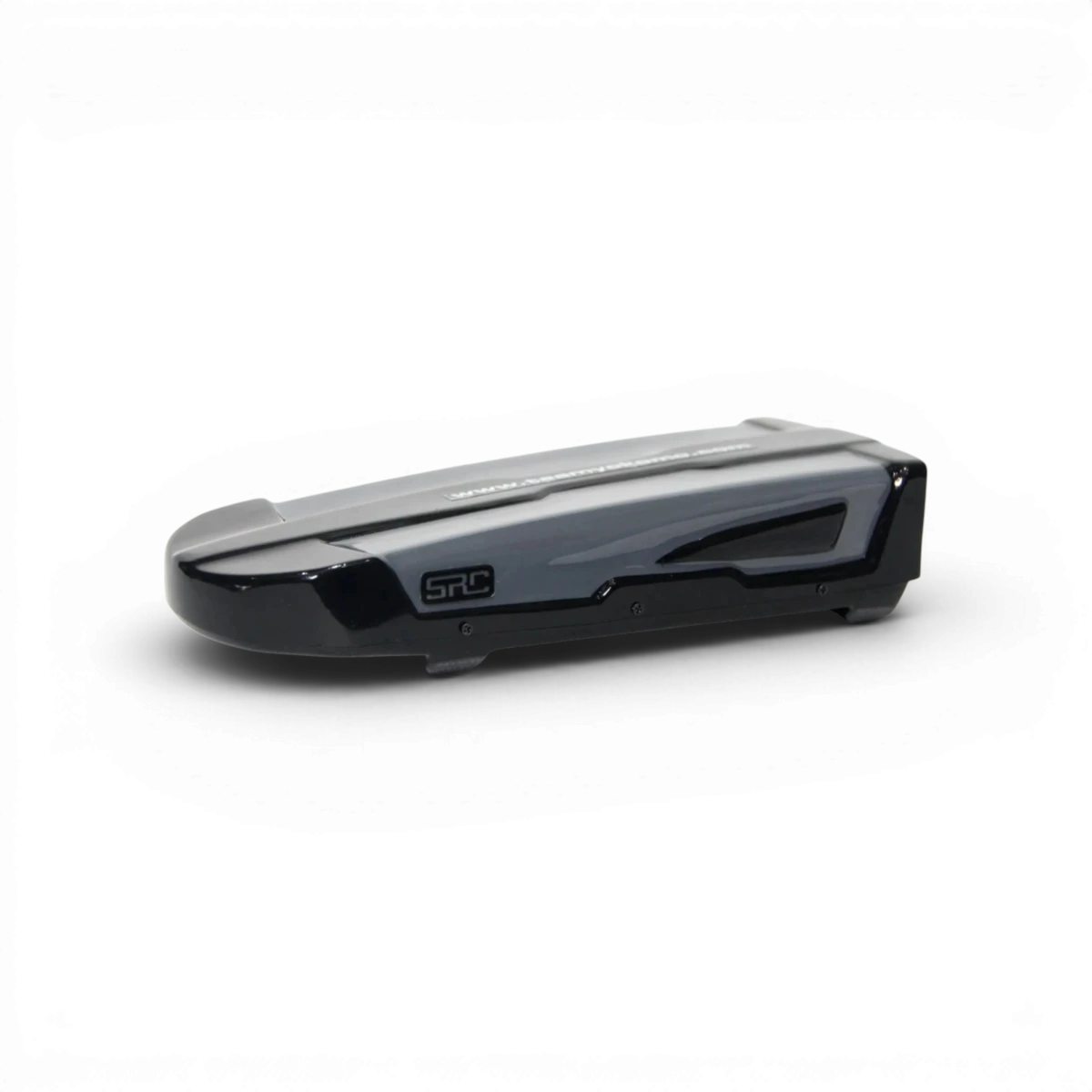 Coffre de toit personnalisé de la marque Src Sideways RC, vue de côté, conçu pour le transport sécurisé de modèles réduits.
