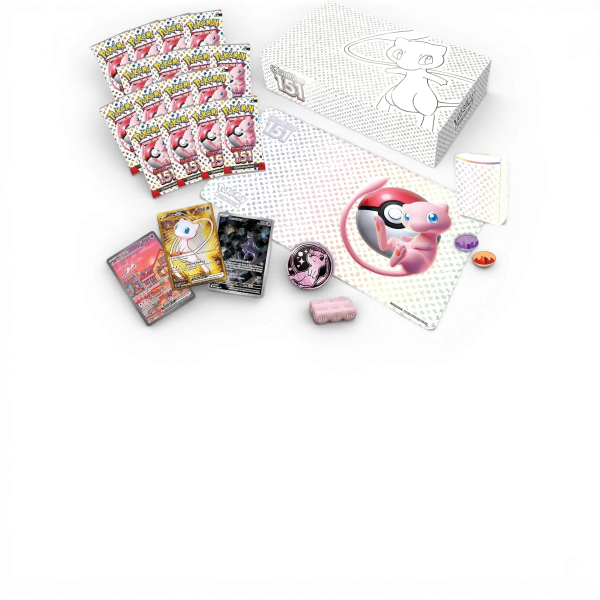 Coffret Pokémon anglais UPC premium SV2A 151 avec Mew, collection DriftParadiZ, contenant cartes rares et accessoires.