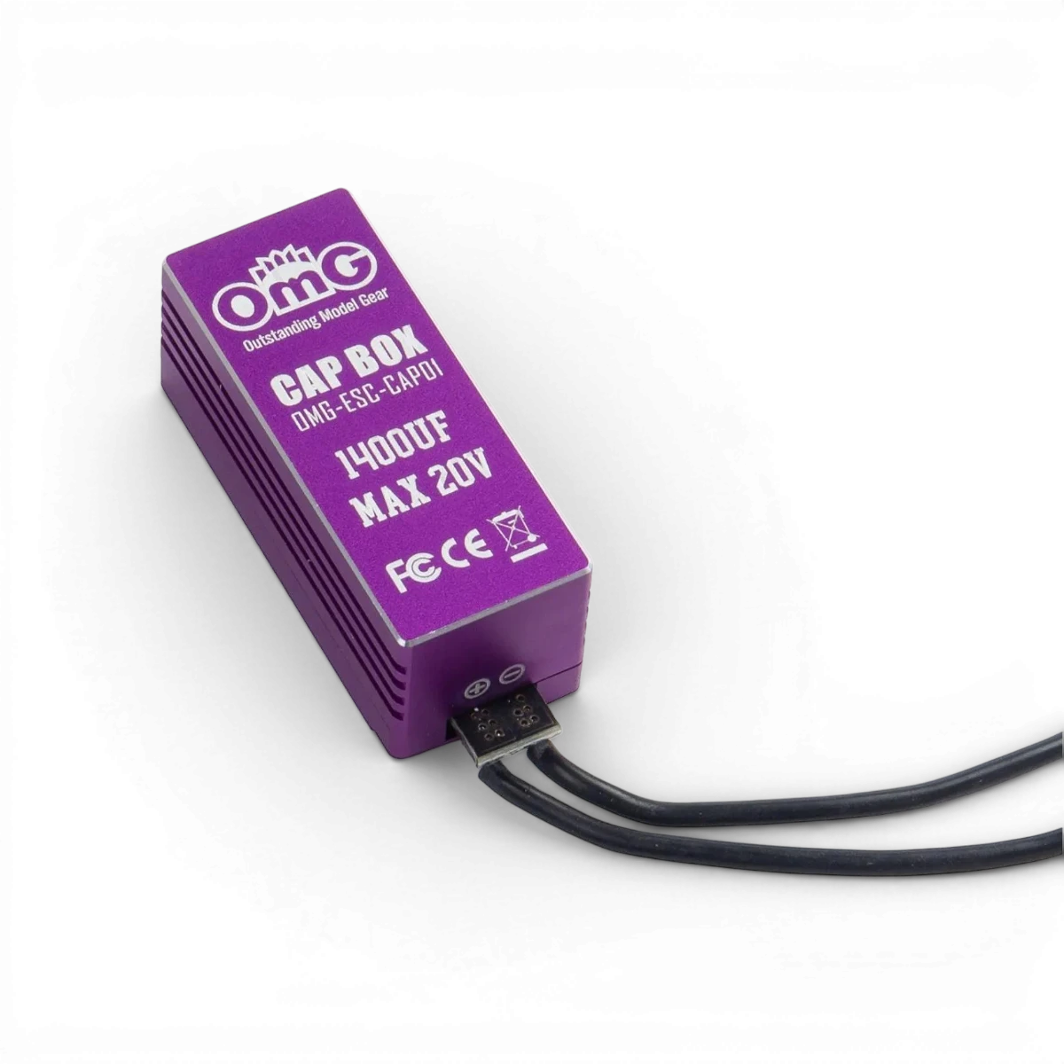 Condensateur violet de 14000UF pour ESC électronique, marque OMG, visible avec ses pôles et connecteurs.