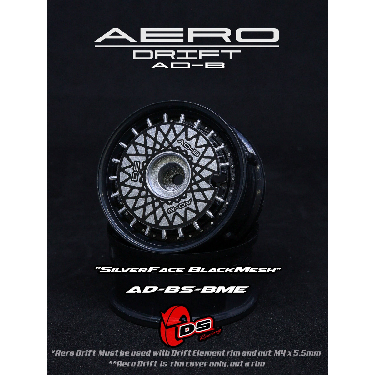 Couvercle Aero Drift pour Drift Element de DS Racing, finition plate en argent et noir, pour roues de drift.
