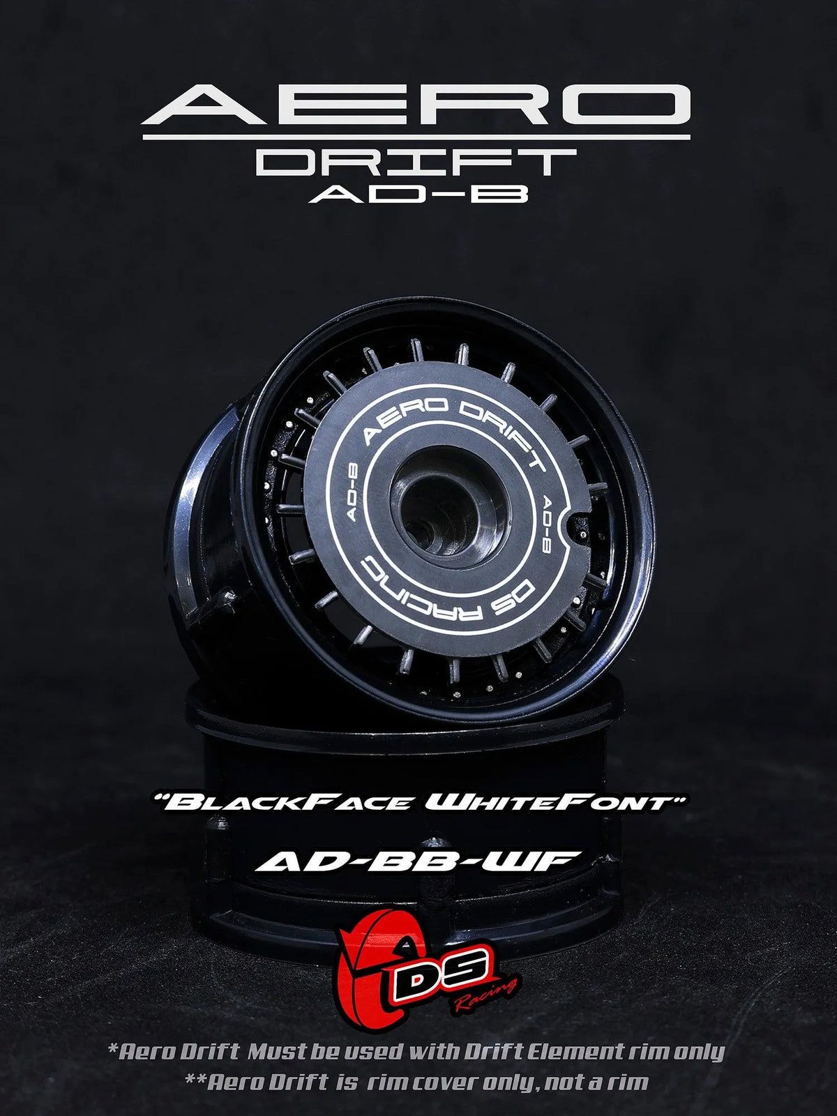 Couvercle Aero Drift DS Racing pour roue Drift Element, design plat et aérodynamique, en plastique noir.