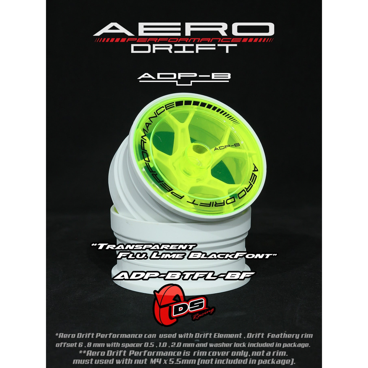 Couvercle aérodynamique vert fluo pour roues Drift Element DS Racing, design plat pour performance en drift.