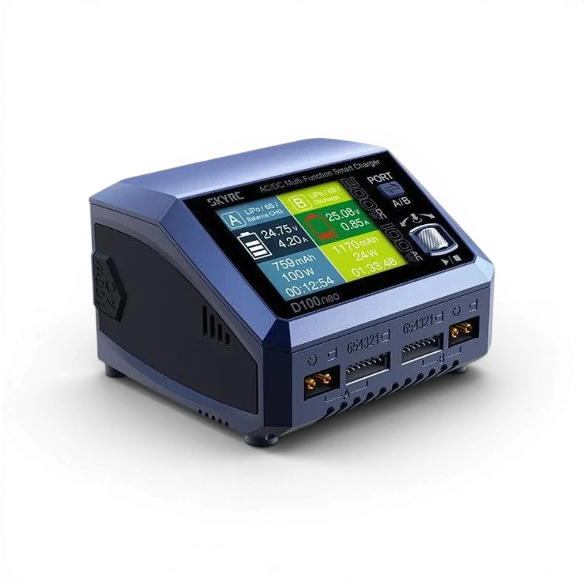 Chargeur D100 Neo Duo AC/DC de SkyRc, avec sortie totale de 100W AC et 2x100W DC, pour appareils électroniques.