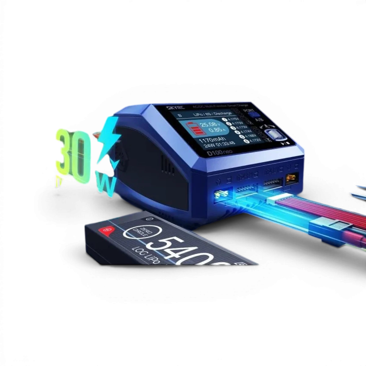 Chargeur SkyRc D100 Neo Duo AC/DC, électronique, puissance maximale 100W AC et 2x100W DC, avec câbles et affichage.