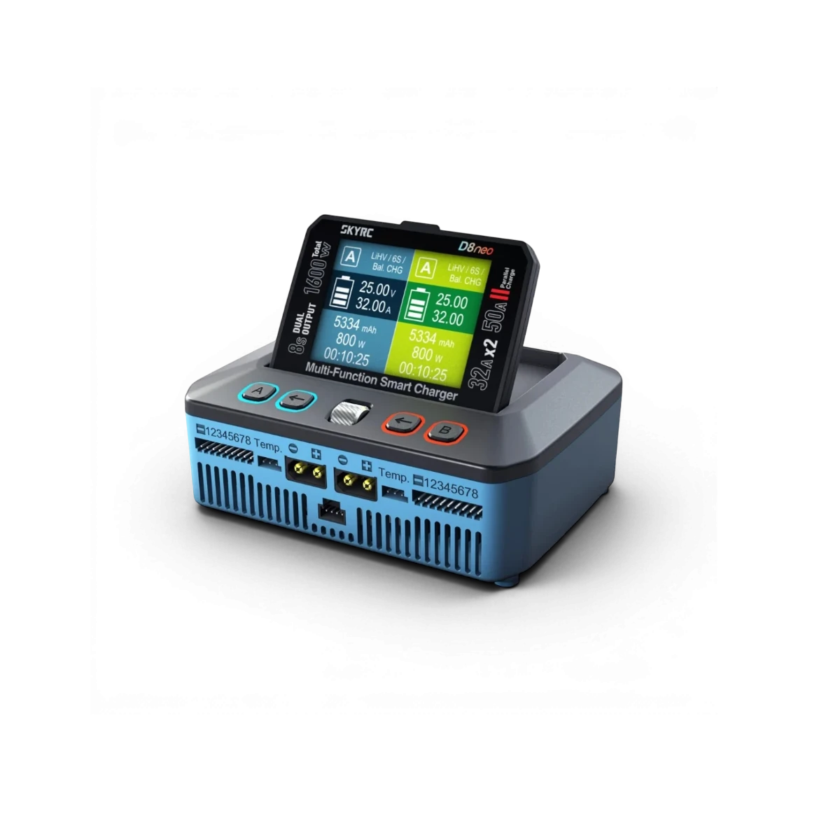 Chargeur intelligent multifonction D8neo de SkyRc pour électronique, avec écrans et connecteurs visibles.