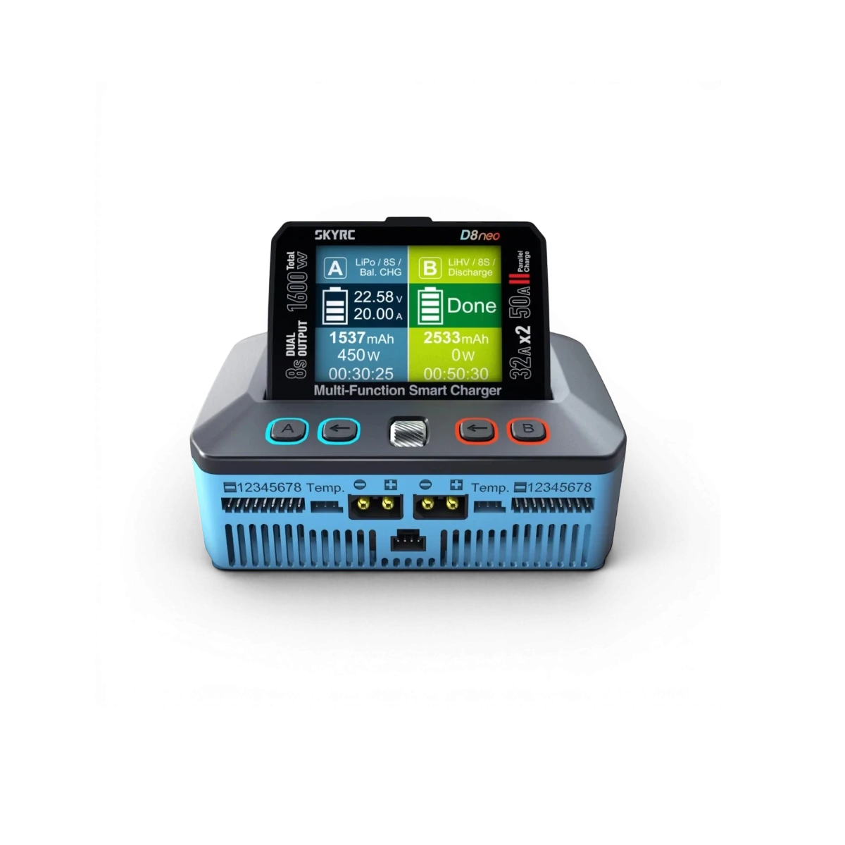 Chargeur intelligent multifonction D8neo de SkyRc pour appareils électroniques, avec écrans et connecteurs multiples visibles.